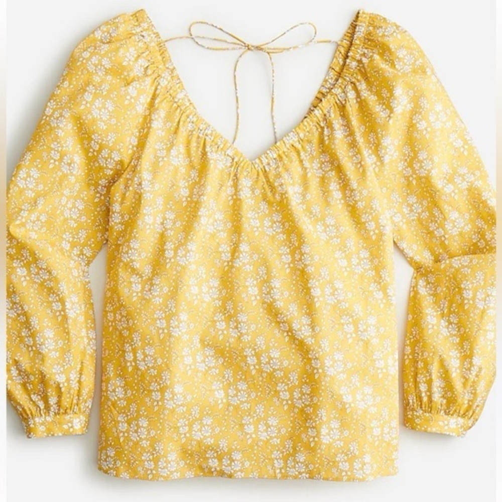 J. Crew Liberty Fabrics Yellow Floral Capel V-Neck Organic Cotton Blouse M - Picture 2 of 14
